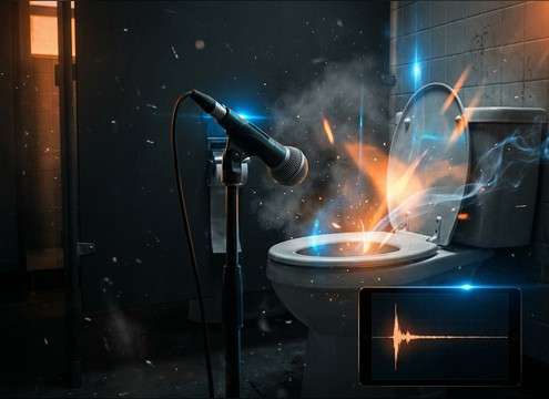 Comedy skit editor placing a short bathroom sound effect on a timeline