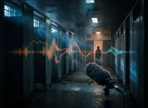 Audio drama session with actors and subtle bathroom ambience sound design