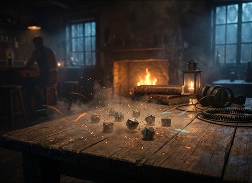 Dice rolling sound in a fantasy tavern audio scene
