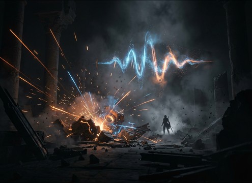 Cinematic defeat sting timed to a boss collapse
