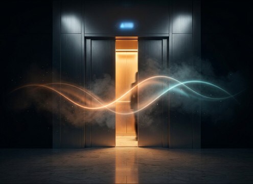 Elevator doors opening with a soft ding-dong chime