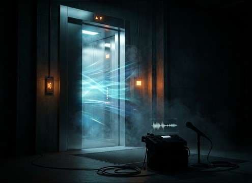 Elevator arrival ding sound effect in a hallway scene
