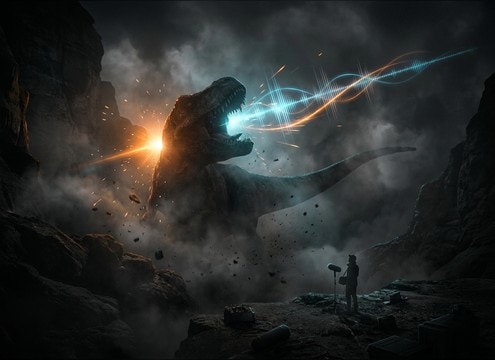 Cinematic trailer edit with dinosaur roar impact