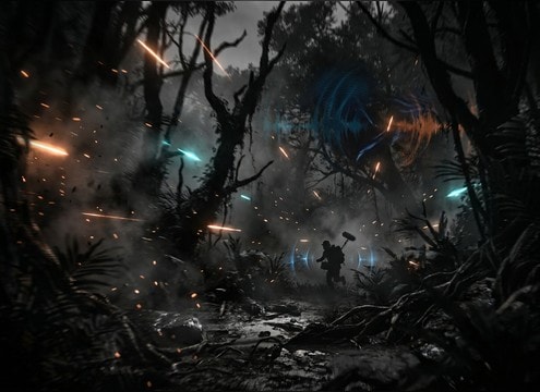 Prehistoric jungle chase with distant dinosaur calls