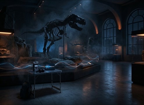 Interactive dinosaur museum exhibit audio loop