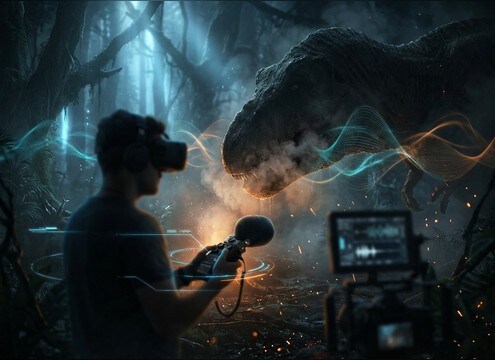 VR scene with dinosaur approaching from behind