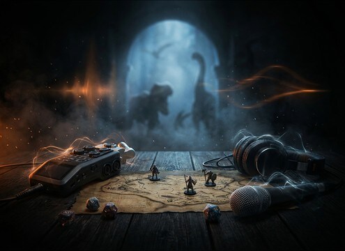 Tabletop RPG session with prehistoric threat ambience