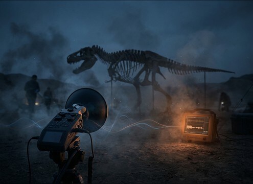 Documentary reenactment featuring dinosaurs on screen