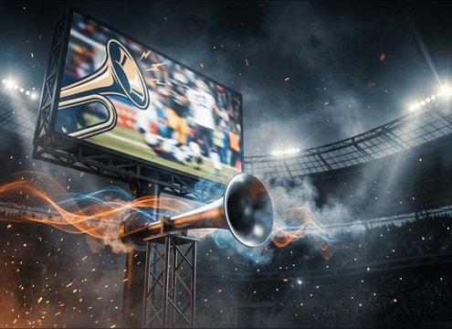 Sports highlight edit with a stadium airhorn accent