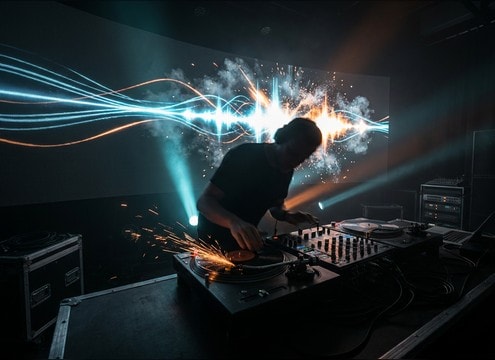 DJ scratch transition sound effect into a beat drop