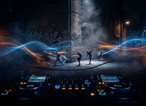 Street dance showcase accented by DJ scratch sound effects
