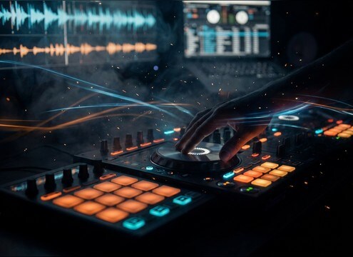 DJ app UI cue using a short scratch sound effect