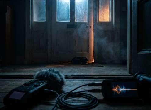 Dog whining behind a door in a narrative scene