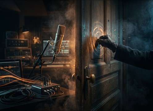 Door knock cue in an audio drama scene
