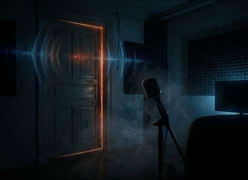 Muffled door knock for suspense moment