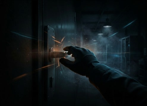 First-person VR door opening with close handle and hinge detail