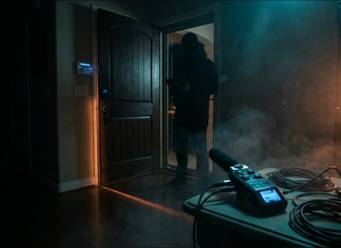 Door opening sound used in a security camera reenactment edit