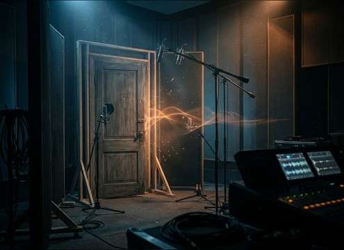 Door slam with latch rattle for audio drama staging