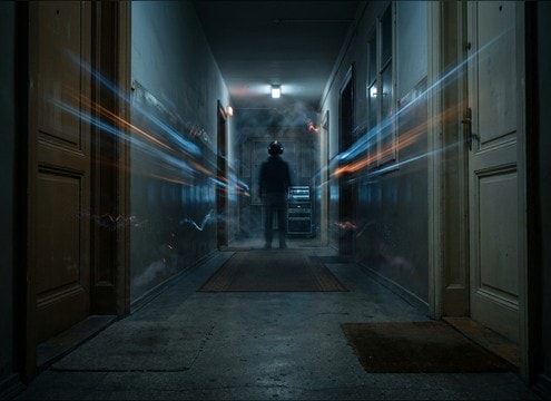 Distant door closing sound with hallway reverb