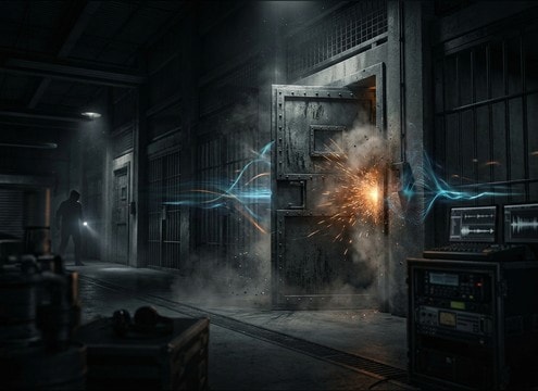 Metal door slam sound effect in industrial room