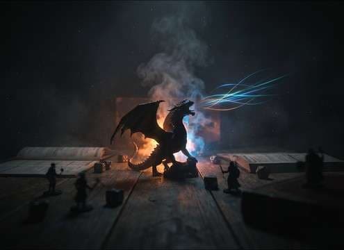 tabletop RPG moment with a short dragon roar stinger