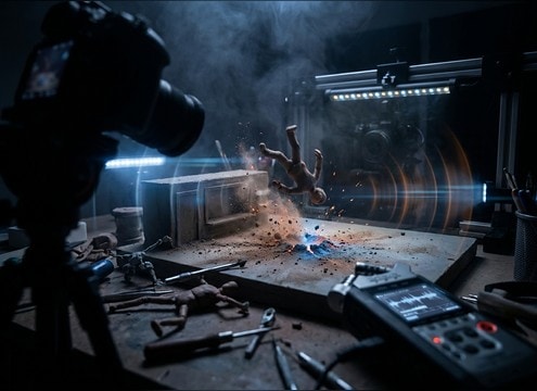Stop-motion scene with a tiny object drop accent