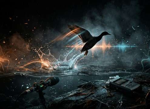Duck landing splash and wing flap sound for water scene