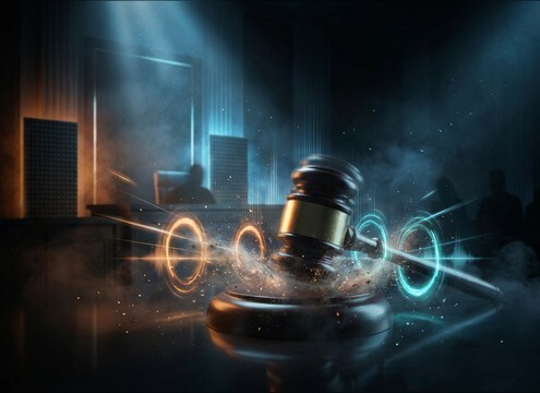 Dun-dun-dun stinger timed to a courtroom accusation moment