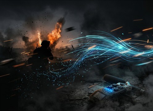 Battle scene transition with drifting ringing and long decay