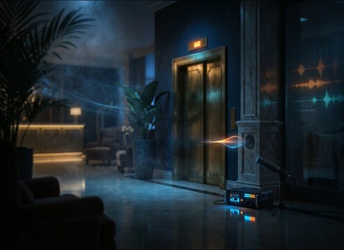 Elevator doors opening in a hotel lobby scene