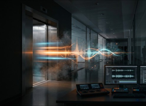 Office hallway with elevator doors closing
