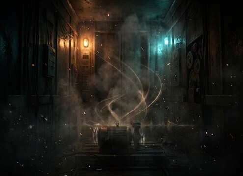 Dim elevator interior with tense ambience