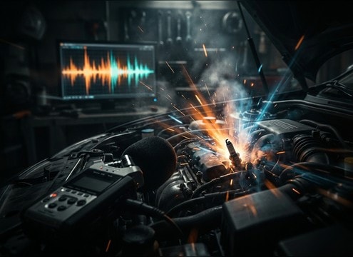 Engine start sound synced to a key turn in a video edit