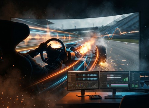 Racing game engine rev sound effects for acceleration events