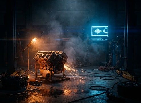 Garage scene with engine idle and rev sound effects