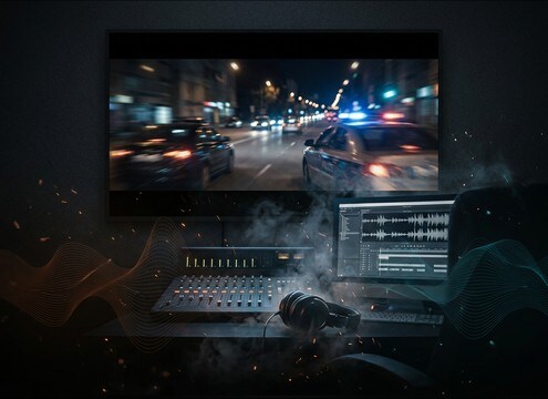 Car chase sequence with engine bed under dialogue