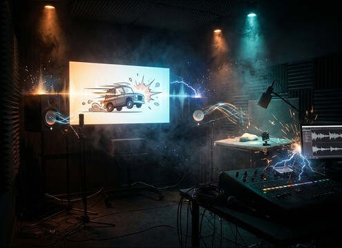 Animated car character with expressive engine sound effects