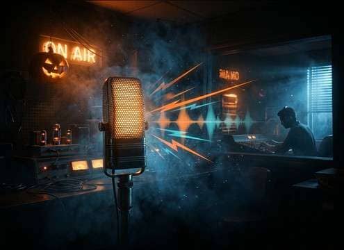 Radio drama evil laugh that stays clear over background music