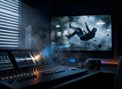 Editor syncing a stunt fall impact to a film cutaway