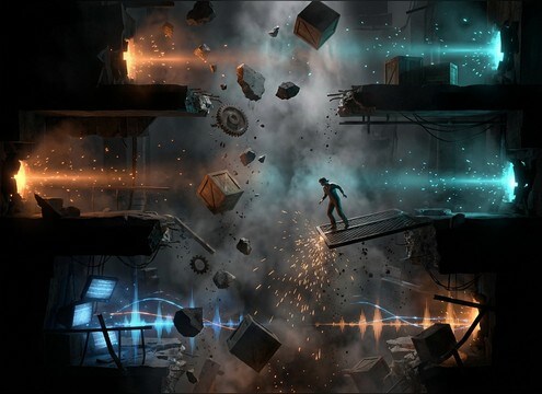 Game scene with a crate dropping onto a platform