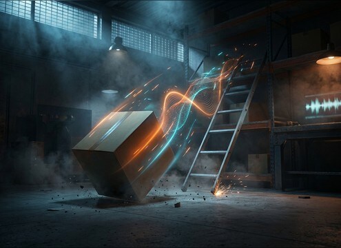 Training video scene showing a box dropping near a worker