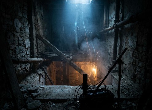 Dark basement stairwell with a distant fall sound cue
