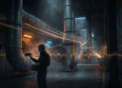 Industrial blower fan ambience for a factory floor