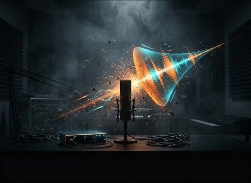 Podcast timeline with a fanfare bumper between segments