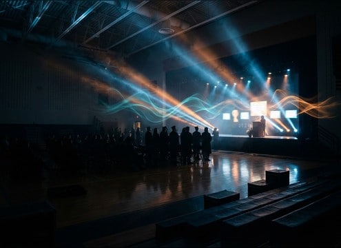 School ceremony entrance with trumpet fanfare cue