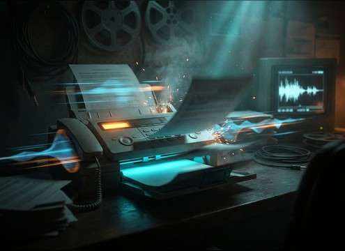 Fax machine paper feed sound used in an office montage edit