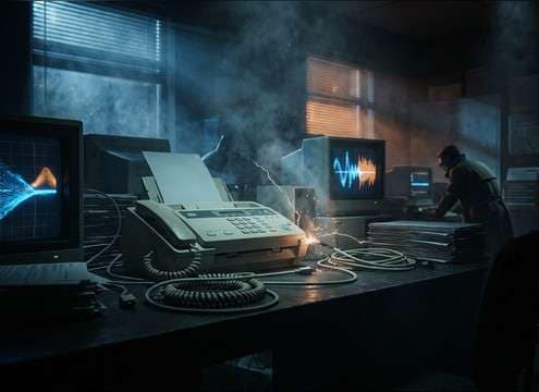 Retro office scene with fax handshake beeps in the background