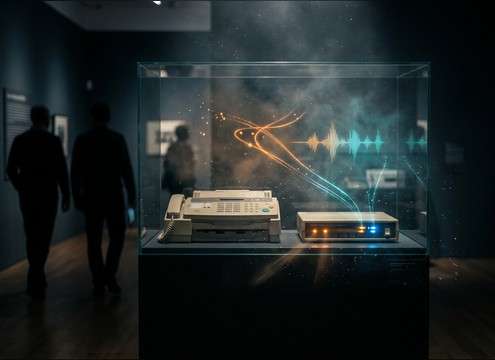 Interactive museum exhibit with subtle fax carrier tone ambience