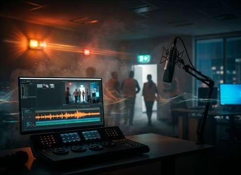 Fire alarm sound used in a workplace evacuation training video timeline