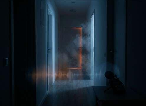 Distant fire alarm sound effect layered under an apartment hallway scene